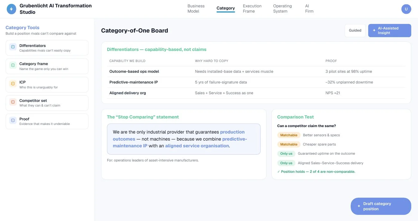 Screenshot of the Category-of-One worksheet comparing differentiators, proof points and a comparison test